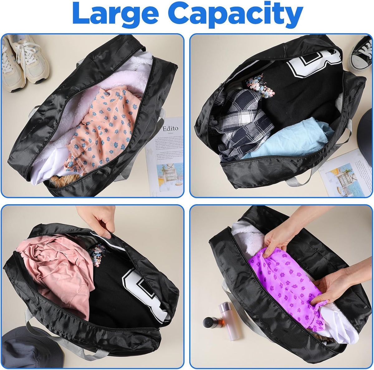 13 Pcs Foldable Travel Storage Bags – Waterproof Oxford Cloth Duffel Bags for Gym, Sports, Overnight Trips (Black)