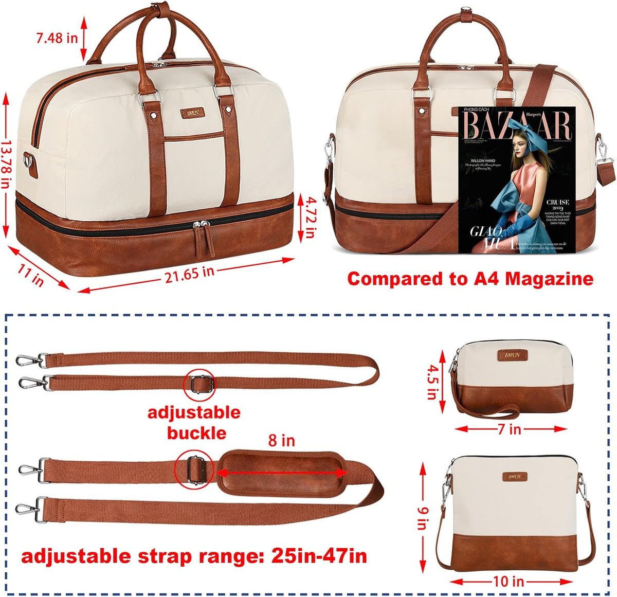 Weekender Bag for Women, Large Overnight Bag Canvas Travel Duffel Bag Carry On Tote with Shoe Compartment 21" 3Pcs Set