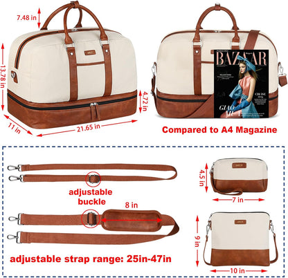 Weekender Bag for Women, Large Overnight Bag Canvas Travel Duffel Bag Carry On Tote with Shoe Compartment 21" 3Pcs Set