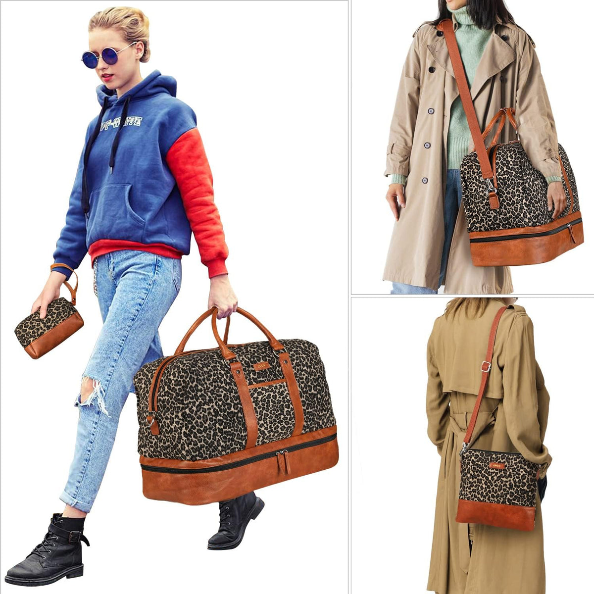 Weekender Bag for Women, Large Overnight Bag Canvas Travel Duffel Bag Carry On Tote with Shoe Compartment 21" 3Pcs Set