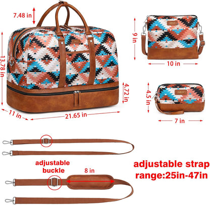 Weekender Bag for Women, Large Overnight Bag Canvas Travel Duffel Bag Carry On Tote with Shoe Compartment 21" 3Pcs Set