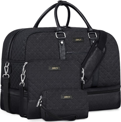 Weekender Bag for Women, Large Overnight Bag Canvas Travel Duffel Bag Carry On Tote with Shoe Compartment 21" 3Pcs Set
