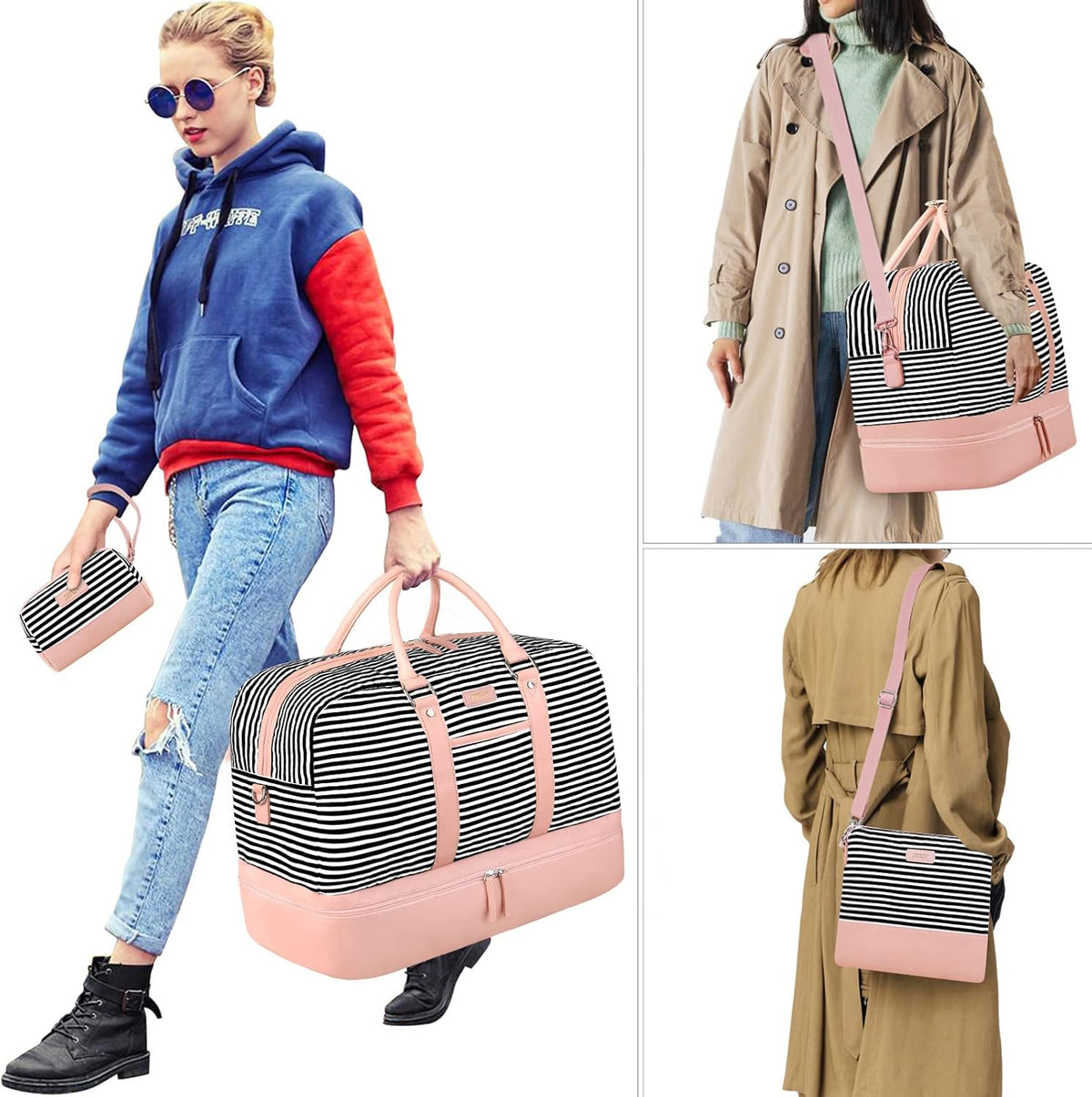 Weekender Bag for Women, Large Overnight Bag Canvas Travel Duffel Bag Carry On Tote with Shoe Compartment 21" 3Pcs Set