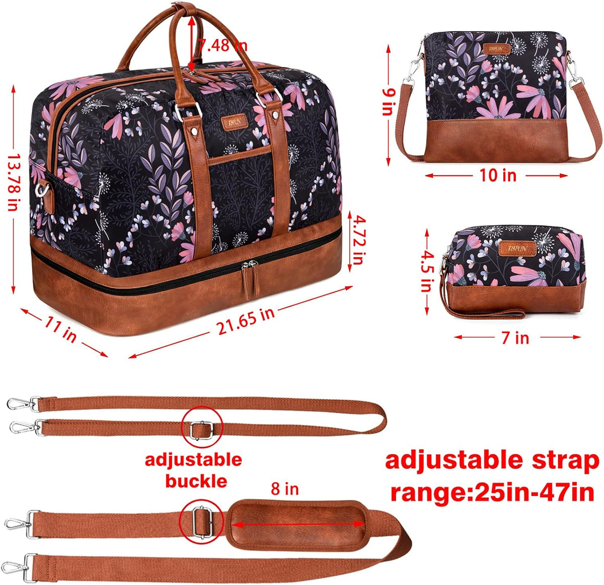 Weekender Bag for Women, Large Overnight Bag Canvas Travel Duffel Bag Carry On Tote with Shoe Compartment 21" 3Pcs Set