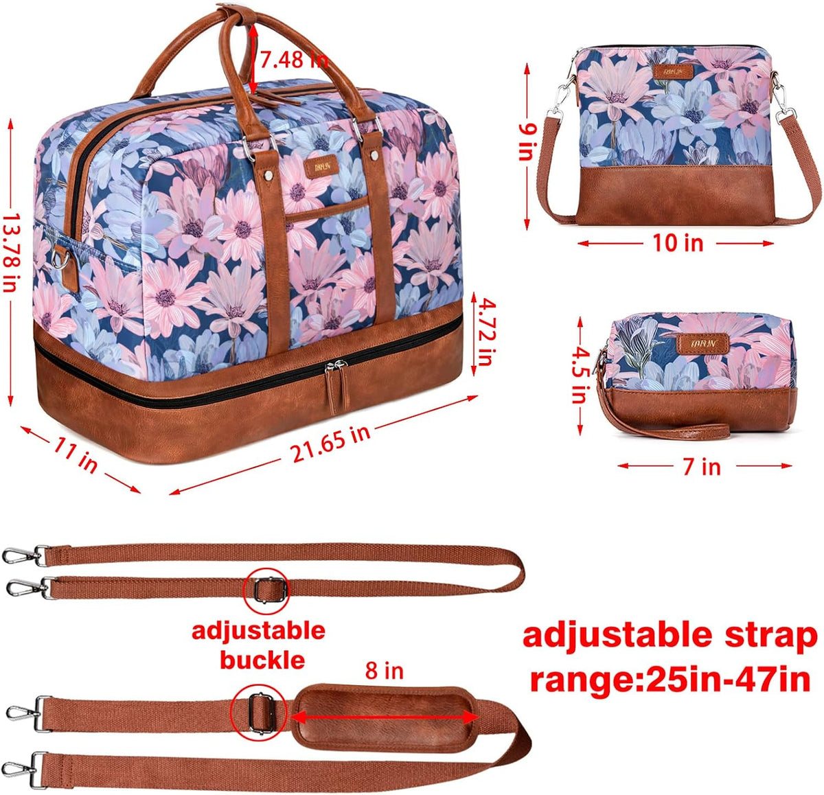Weekender Bag for Women, Large Overnight Bag Canvas Travel Duffel Bag Carry On Tote with Shoe Compartment 21" 3Pcs Set