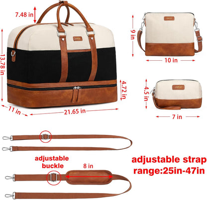 Weekender Bag for Women, Large Overnight Bag Canvas Travel Duffel Bag Carry On Tote with Shoe Compartment 21" 3Pcs Set