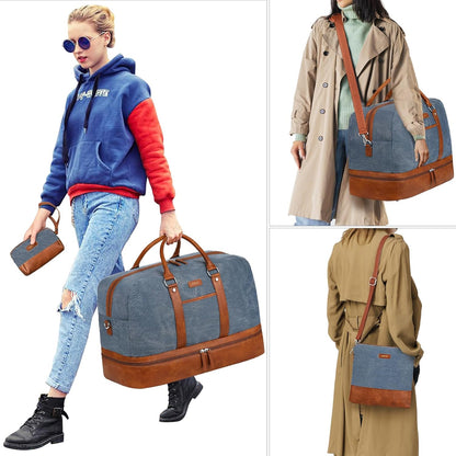 Weekender Bag for Women, Large Overnight Bag Canvas Travel Duffel Bag Carry On Tote with Shoe Compartment 21" 3Pcs Set