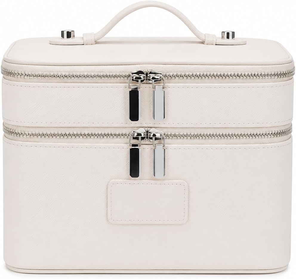 Makeup Case,Leather Double Layer Makeup Bag Duo,Large Portable Travel Toiletry Case Cosmetic Organizer for Women