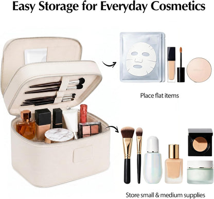 Makeup Case,Leather Double Layer Makeup Bag Duo,Large Portable Travel Toiletry Case Cosmetic Organizer for Women