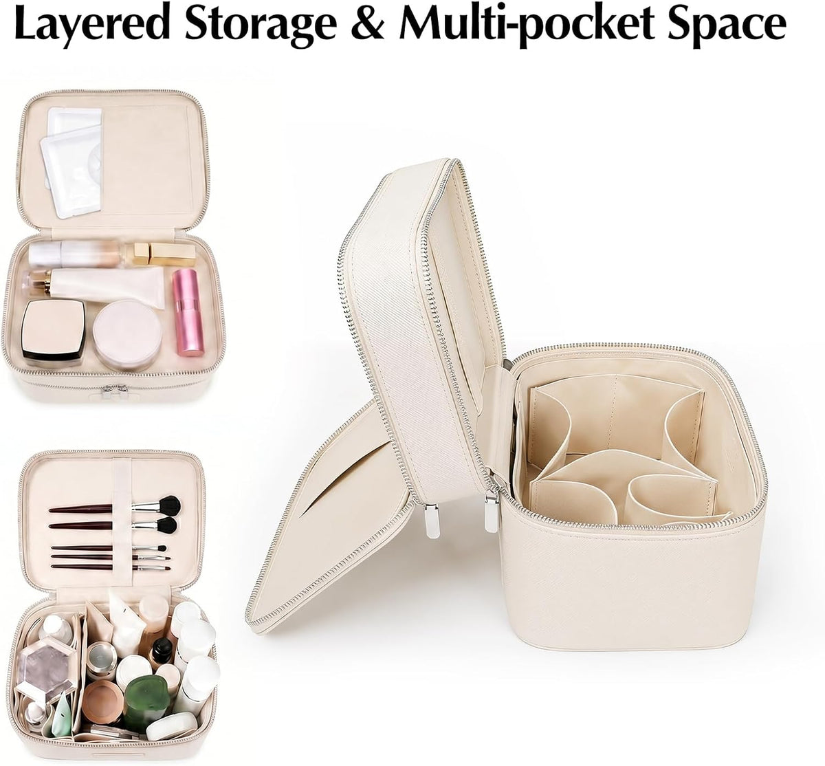Makeup Case,Leather Double Layer Makeup Bag Duo,Large Portable Travel Toiletry Case Cosmetic Organizer for Women