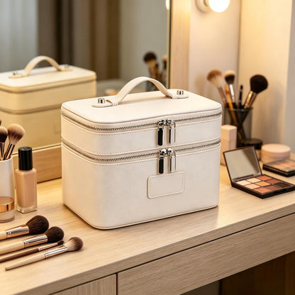 Makeup Case,Leather Double Layer Makeup Bag Duo,Large Portable Travel Toiletry Case Cosmetic Organizer for Women
