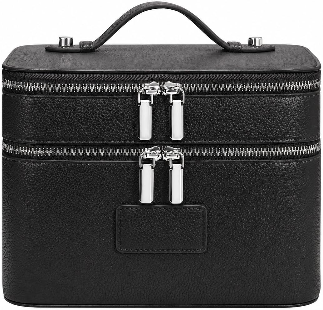 Makeup Case,Leather Double Layer Makeup Bag Duo,Large Portable Travel Toiletry Case Cosmetic Organizer for Women
