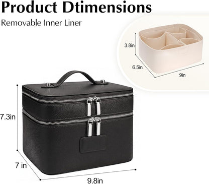 Makeup Case,Leather Double Layer Makeup Bag Duo,Large Portable Travel Toiletry Case Cosmetic Organizer for Women
