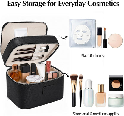 Makeup Case,Leather Double Layer Makeup Bag Duo,Large Portable Travel Toiletry Case Cosmetic Organizer for Women