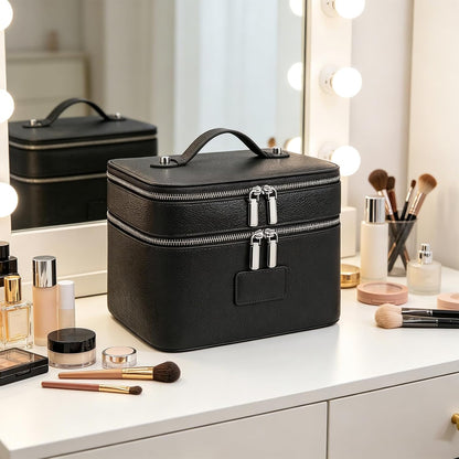 Makeup Case,Leather Double Layer Makeup Bag Duo,Large Portable Travel Toiletry Case Cosmetic Organizer for Women