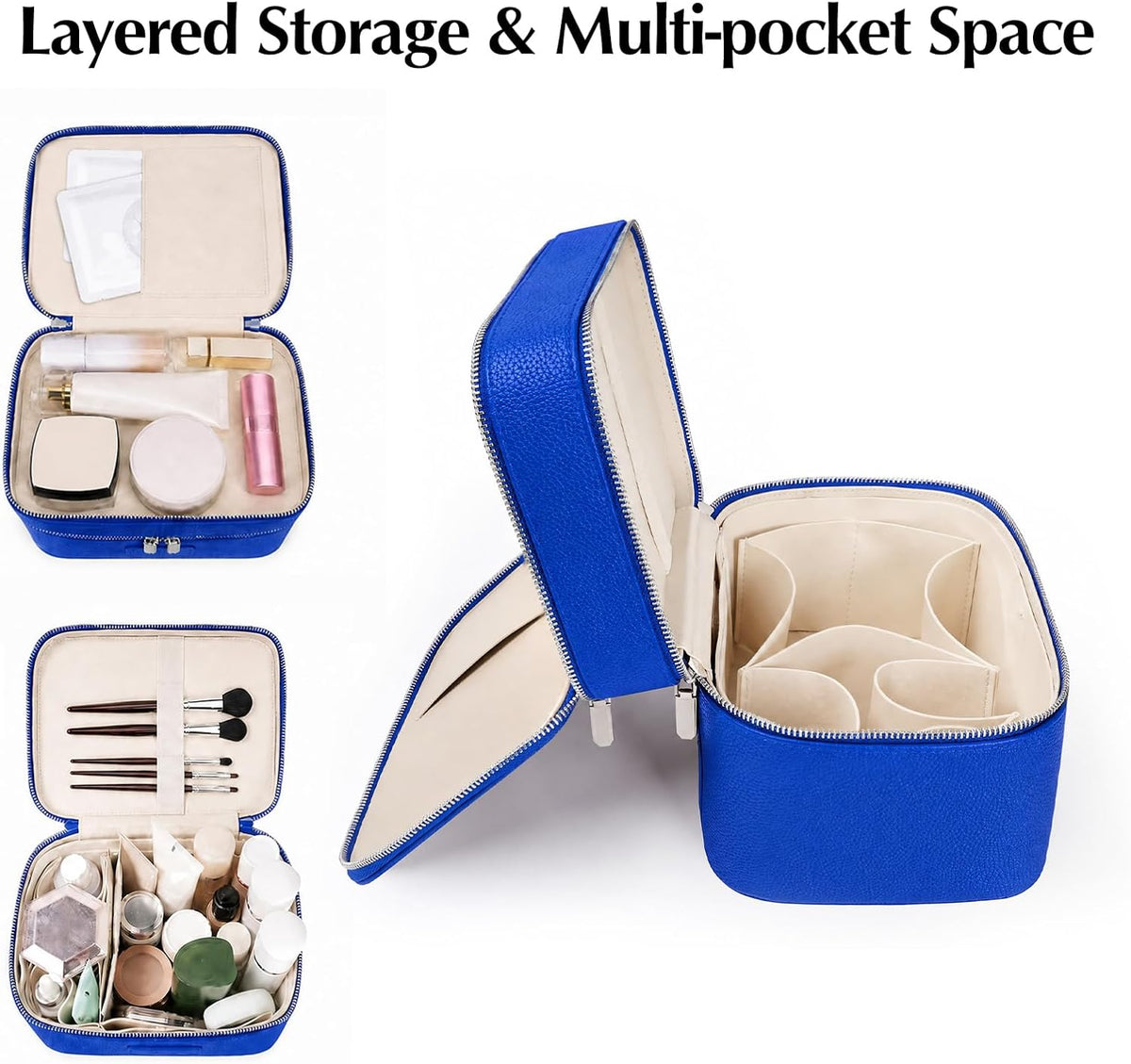 Makeup Case,Leather Double Layer Makeup Bag Duo,Large Portable Travel Toiletry Case Cosmetic Organizer for Women