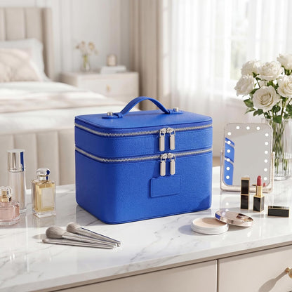Makeup Case,Leather Double Layer Makeup Bag Duo,Large Portable Travel Toiletry Case Cosmetic Organizer for Women