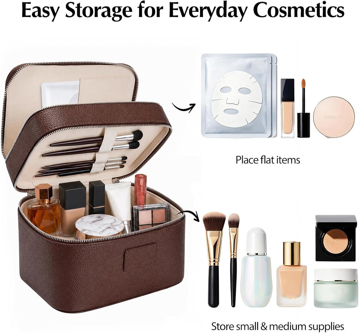 Makeup Case,Leather Double Layer Makeup Bag Duo,Large Portable Travel Toiletry Case Cosmetic Organizer for Women