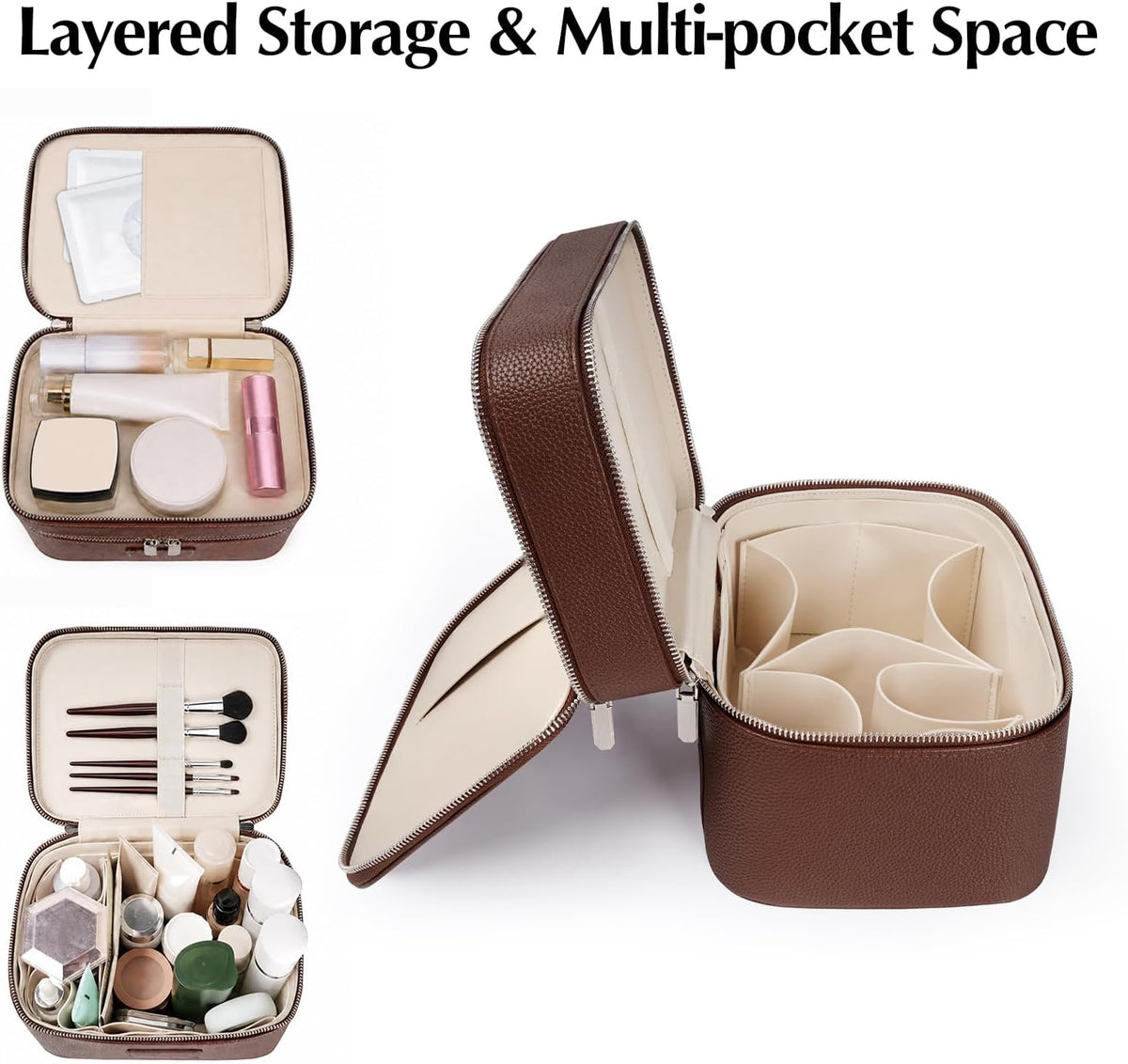 Makeup Case,Leather Double Layer Makeup Bag Duo,Large Portable Travel Toiletry Case Cosmetic Organizer for Women
