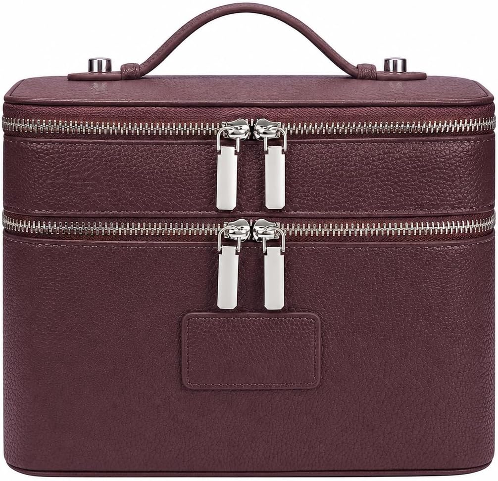 Makeup Case,Leather Double Layer Makeup Bag Duo,Large Portable Travel Toiletry Case Cosmetic Organizer for Women