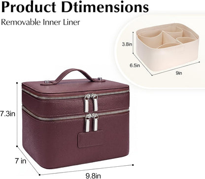 Makeup Case,Leather Double Layer Makeup Bag Duo,Large Portable Travel Toiletry Case Cosmetic Organizer for Women