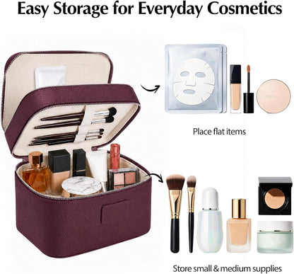 Makeup Case,Leather Double Layer Makeup Bag Duo,Large Portable Travel Toiletry Case Cosmetic Organizer for Women