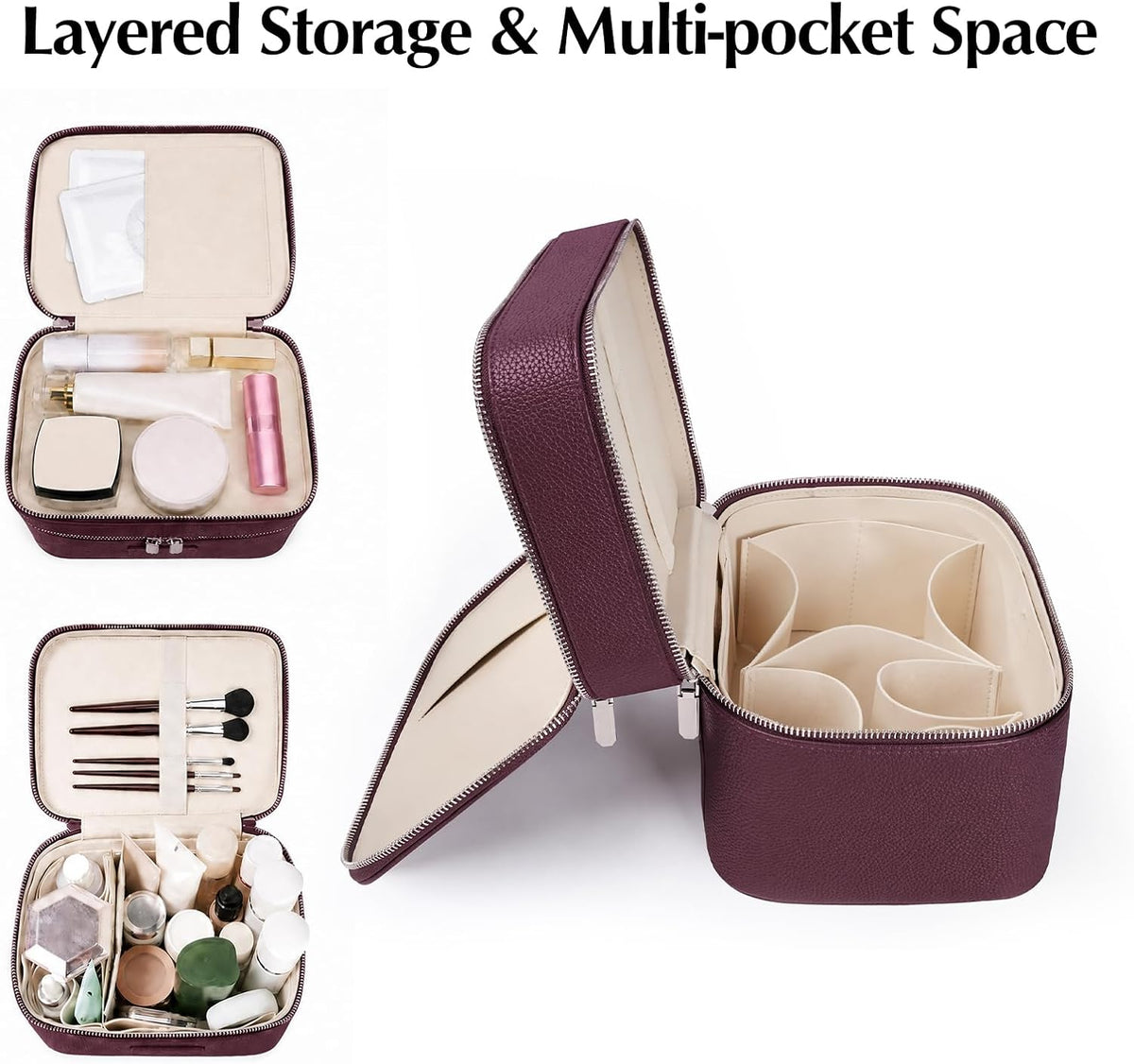 Makeup Case,Leather Double Layer Makeup Bag Duo,Large Portable Travel Toiletry Case Cosmetic Organizer for Women