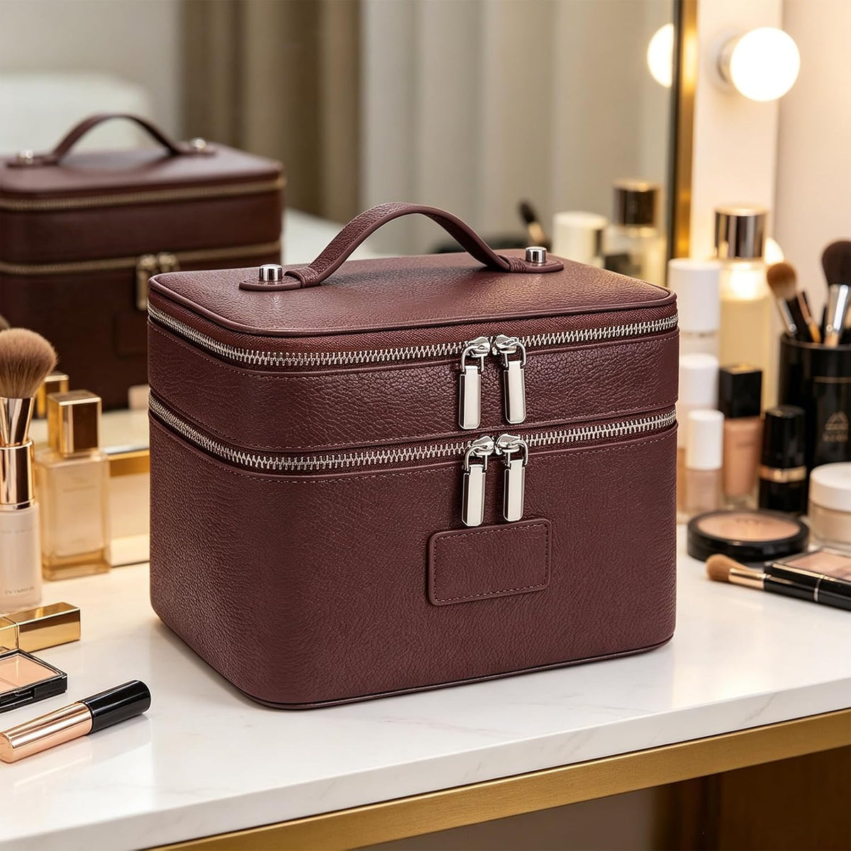 Makeup Case,Leather Double Layer Makeup Bag Duo,Large Portable Travel Toiletry Case Cosmetic Organizer for Women