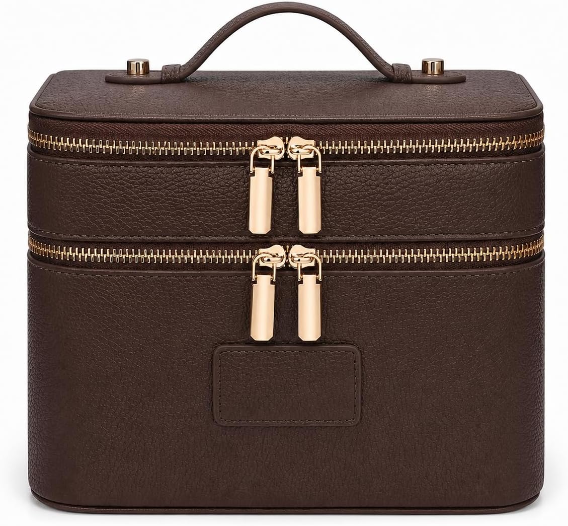 Makeup Case,Leather Double Layer Makeup Bag Duo,Large Portable Travel Toiletry Case Cosmetic Organizer for Women