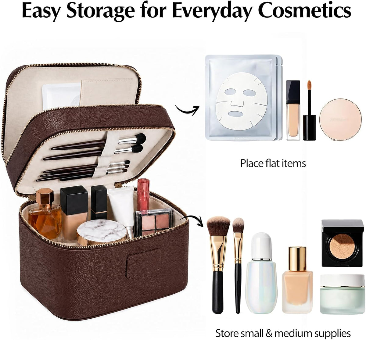 Makeup Case,Leather Double Layer Makeup Bag Duo,Large Portable Travel Toiletry Case Cosmetic Organizer for Women