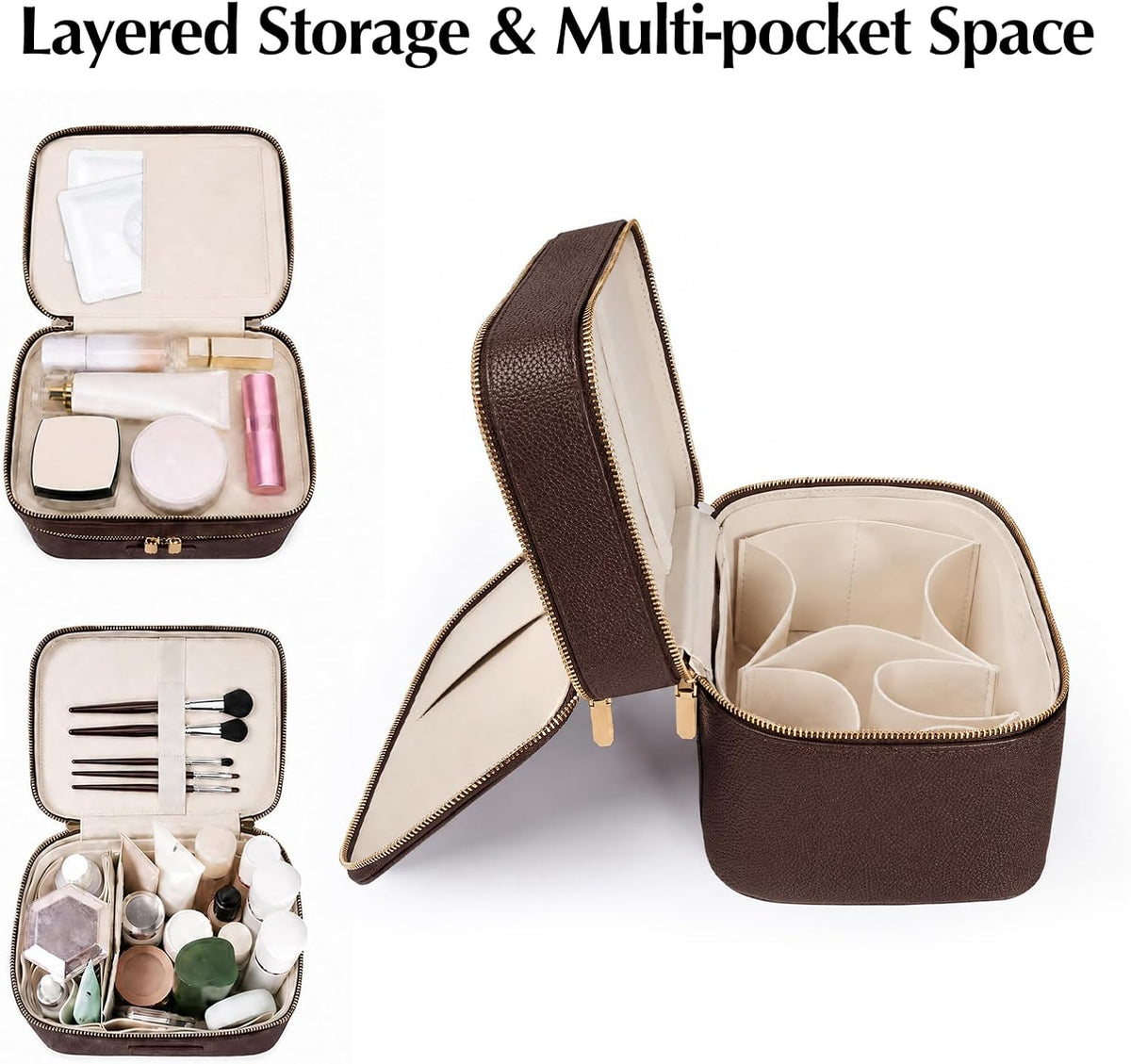 Makeup Case,Leather Double Layer Makeup Bag Duo,Large Portable Travel Toiletry Case Cosmetic Organizer for Women