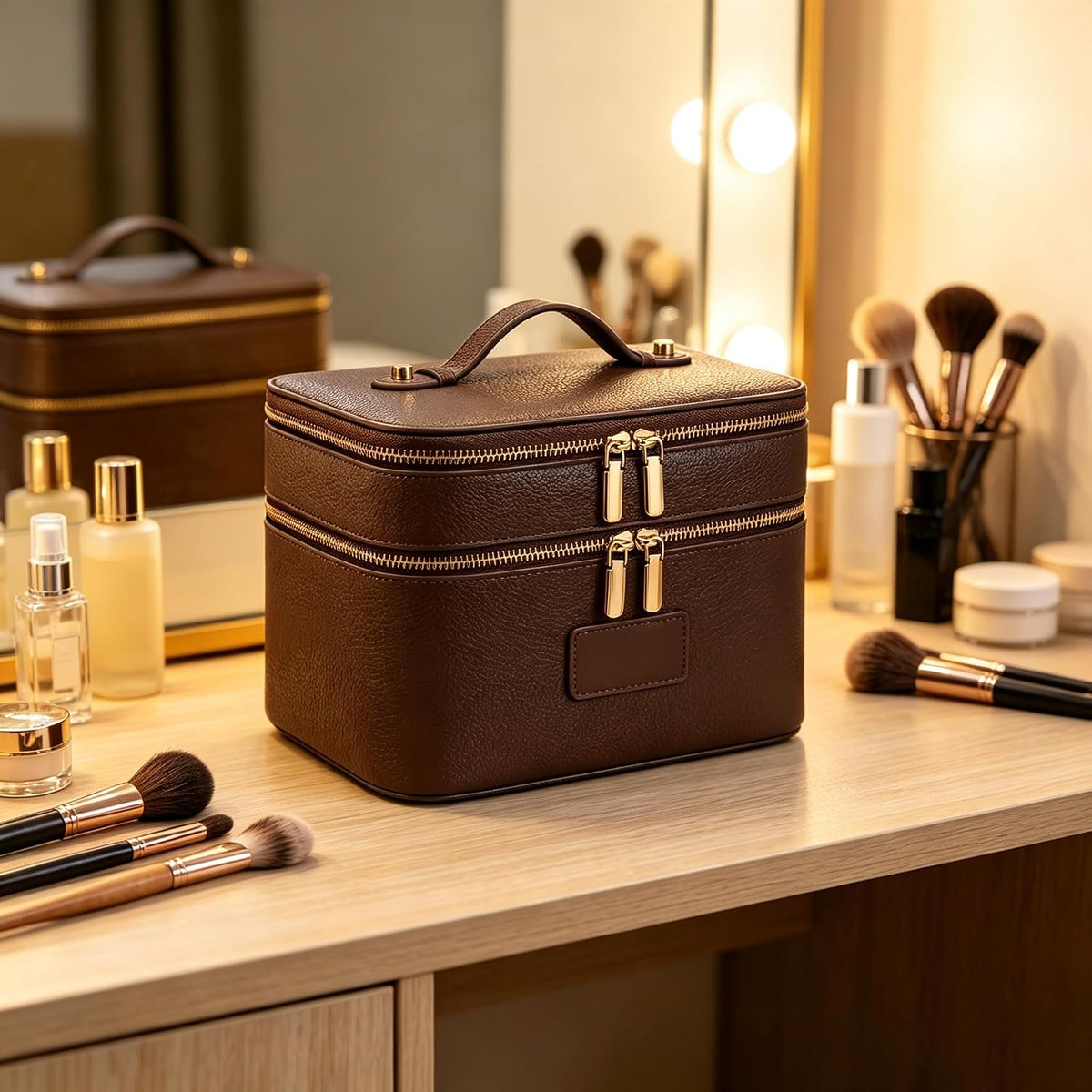 Makeup Case,Leather Double Layer Makeup Bag Duo,Large Portable Travel Toiletry Case Cosmetic Organizer for Women