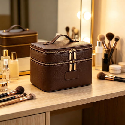 Makeup Case,Leather Double Layer Makeup Bag Duo,Large Portable Travel Toiletry Case Cosmetic Organizer for Women