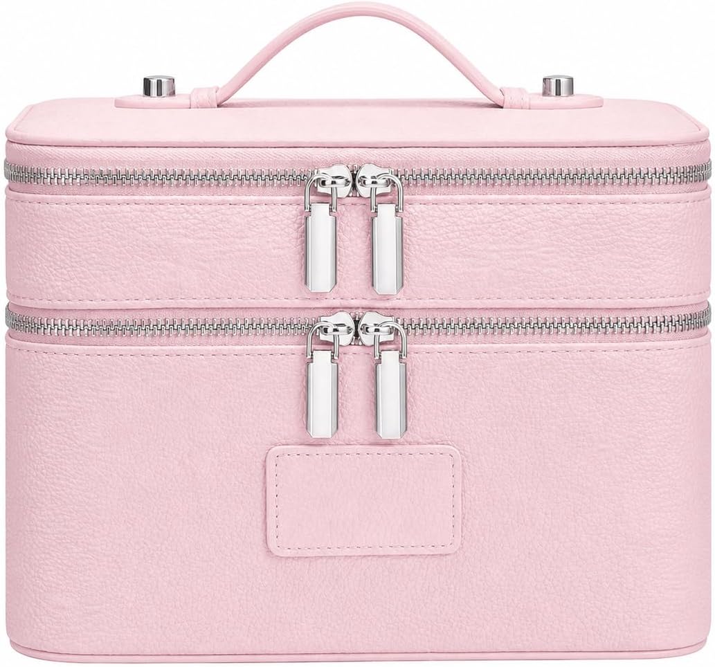 Makeup Case,Leather Double Layer Makeup Bag Duo,Large Portable Travel Toiletry Case Cosmetic Organizer for Women