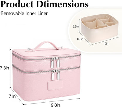 Makeup Case,Leather Double Layer Makeup Bag Duo,Large Portable Travel Toiletry Case Cosmetic Organizer for Women