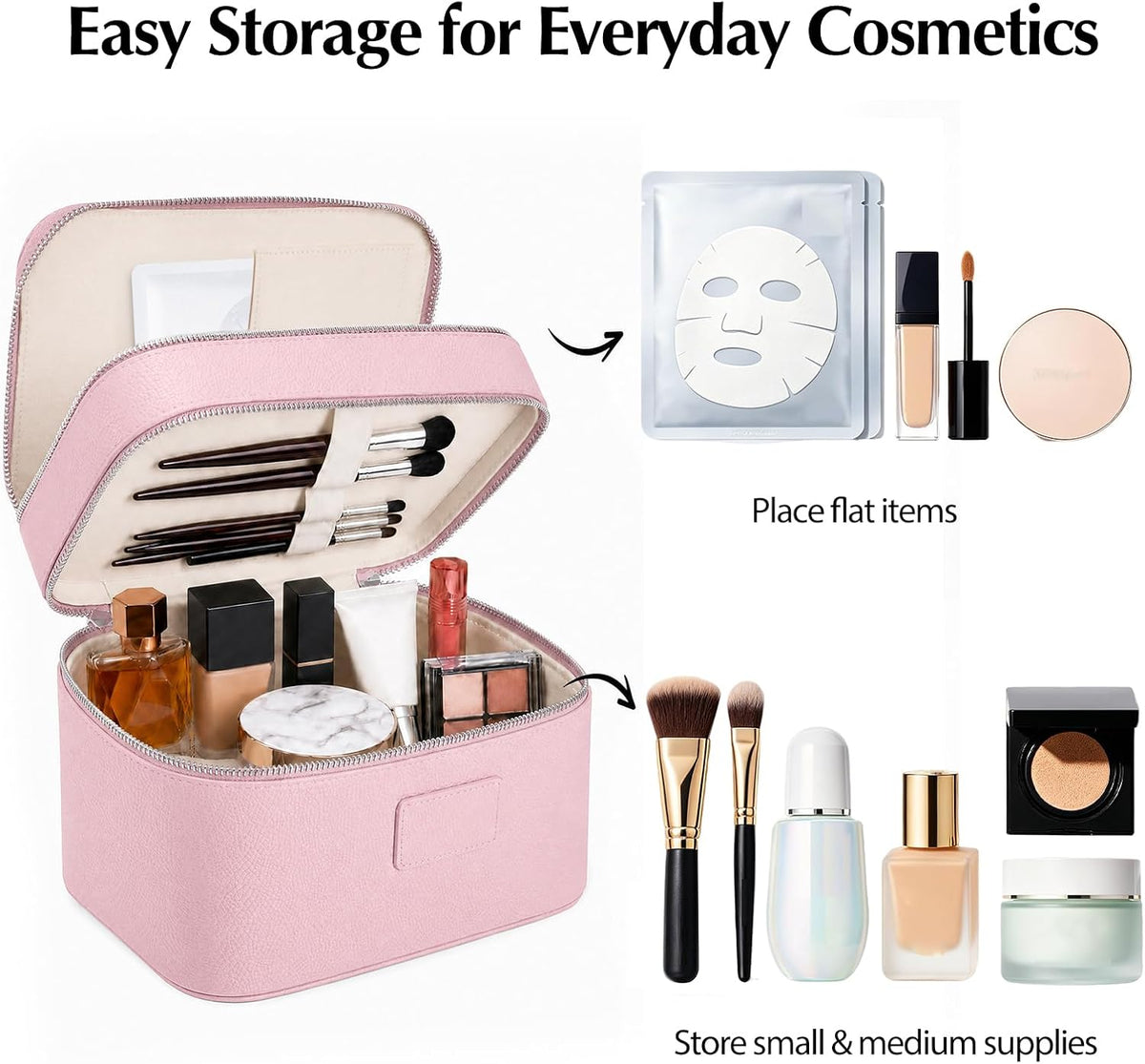 Makeup Case,Leather Double Layer Makeup Bag Duo,Large Portable Travel Toiletry Case Cosmetic Organizer for Women