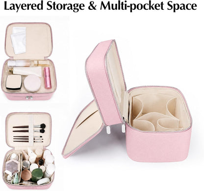 Makeup Case,Leather Double Layer Makeup Bag Duo,Large Portable Travel Toiletry Case Cosmetic Organizer for Women