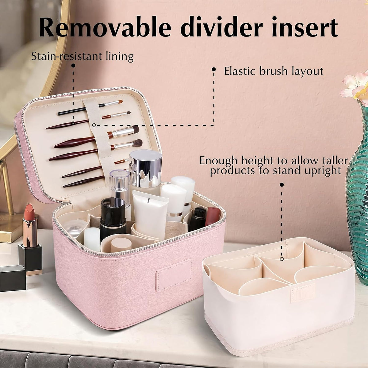 Makeup Case,Leather Double Layer Makeup Bag Duo,Large Portable Travel Toiletry Case Cosmetic Organizer for Women