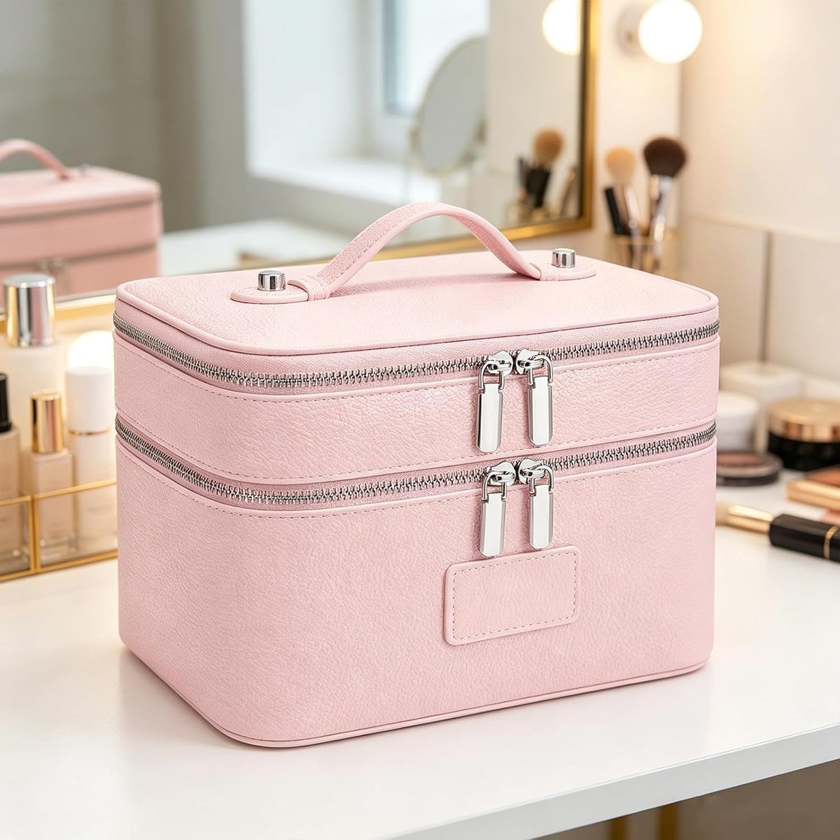 Makeup Case,Leather Double Layer Makeup Bag Duo,Large Portable Travel Toiletry Case Cosmetic Organizer for Women