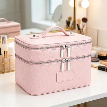 Makeup Case,Leather Double Layer Makeup Bag Duo,Large Portable Travel Toiletry Case Cosmetic Organizer for Women
