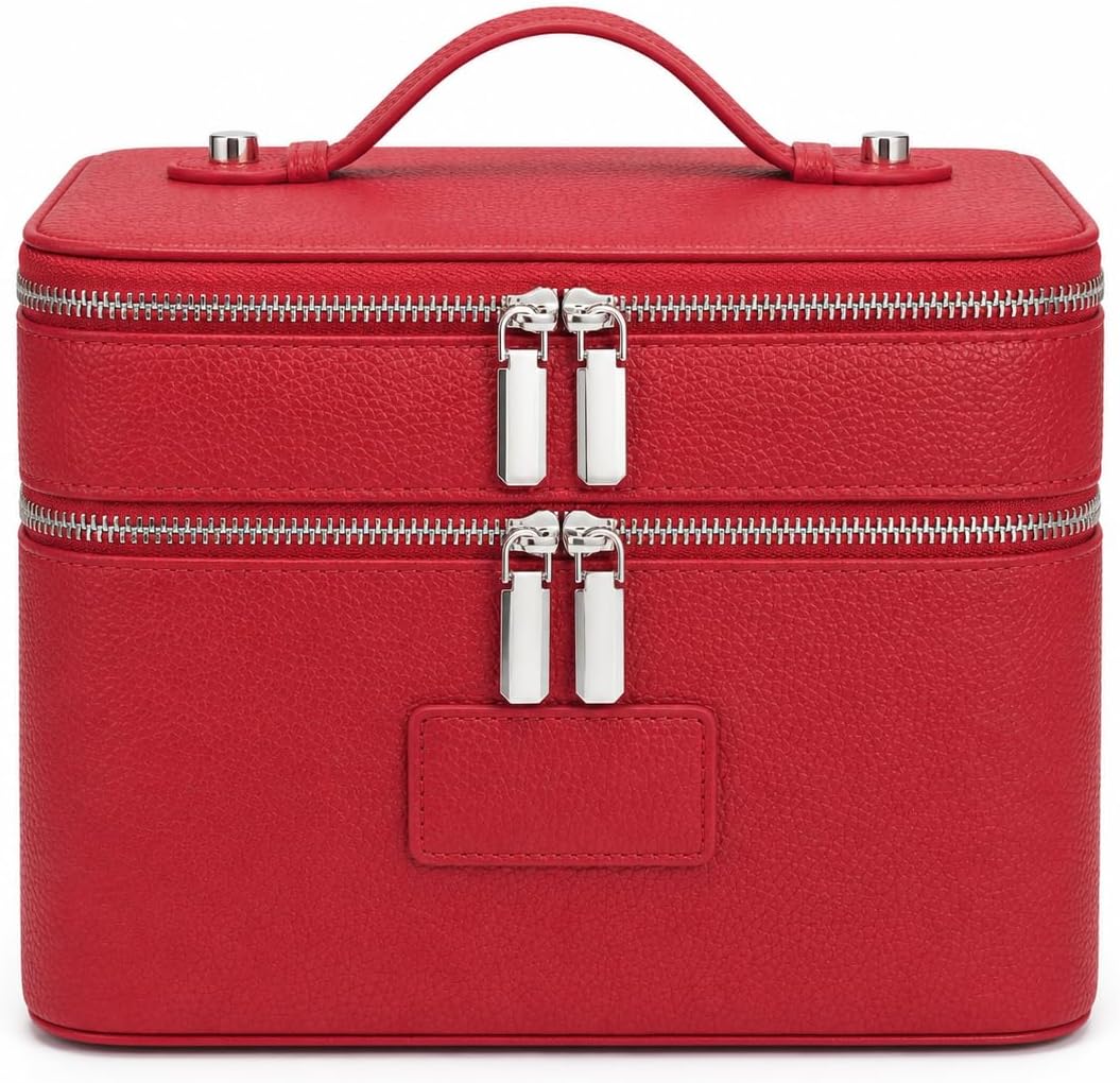 Makeup Case,Leather Double Layer Makeup Bag Duo,Large Portable Travel Toiletry Case Cosmetic Organizer for Women