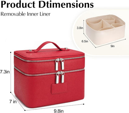Makeup Case,Leather Double Layer Makeup Bag Duo,Large Portable Travel Toiletry Case Cosmetic Organizer for Women