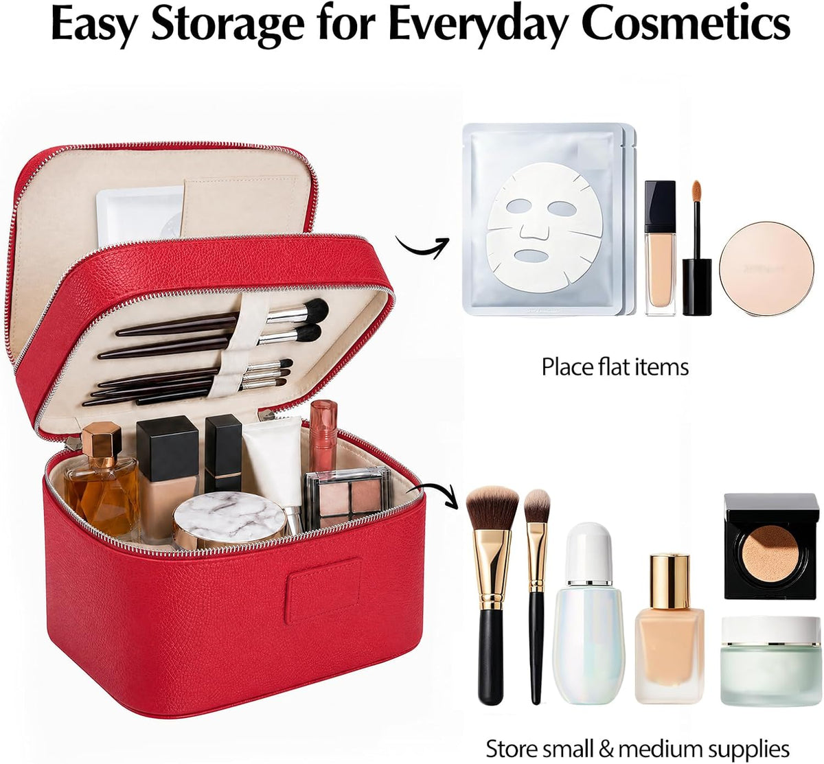 Makeup Case,Leather Double Layer Makeup Bag Duo,Large Portable Travel Toiletry Case Cosmetic Organizer for Women