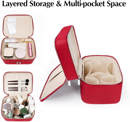 Makeup Case,Leather Double Layer Makeup Bag Duo,Large Portable Travel Toiletry Case Cosmetic Organizer for Women