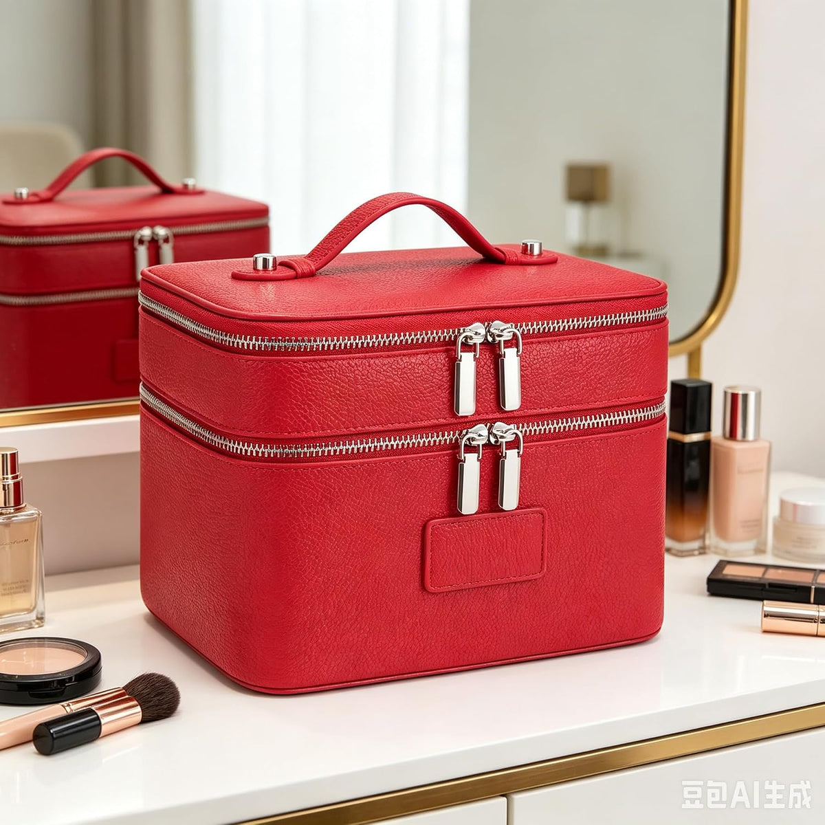 Makeup Case,Leather Double Layer Makeup Bag Duo,Large Portable Travel Toiletry Case Cosmetic Organizer for Women