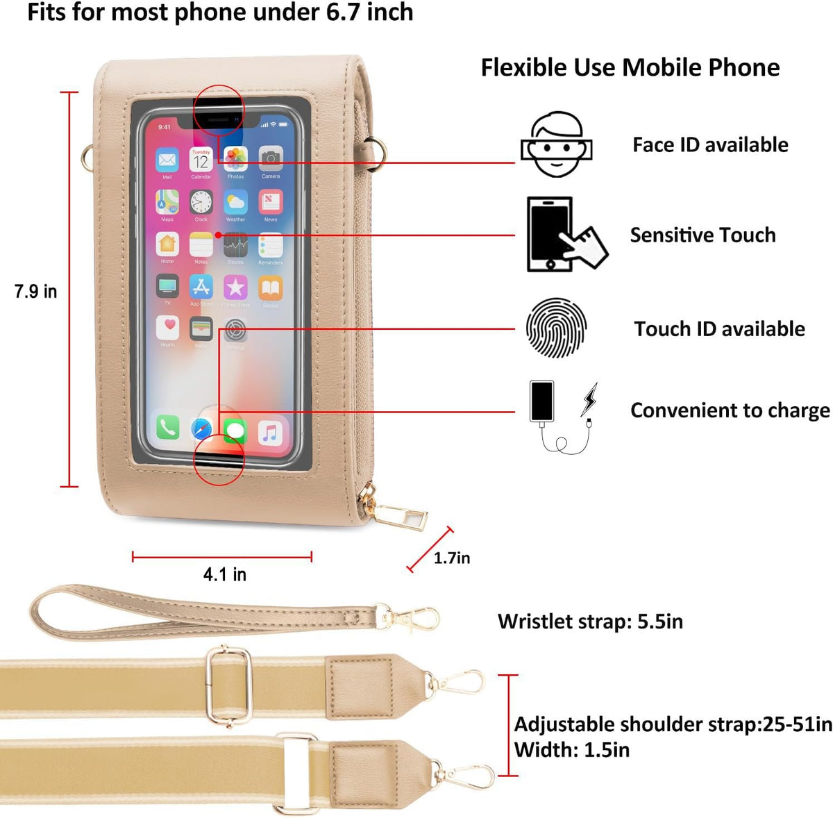 CrossBody Bags with Touchscreen Cell Phone Purse Window Zipper Pocket,RFID Blocking Card Holder iPhone bag for Women
