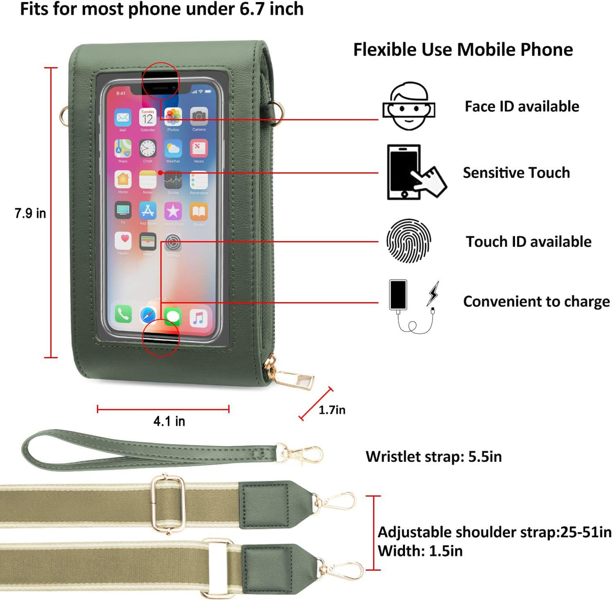 CrossBody Bags with Touchscreen Cell Phone Purse Window Zipper Pocket,RFID Blocking Card Holder iPhone bag for Women