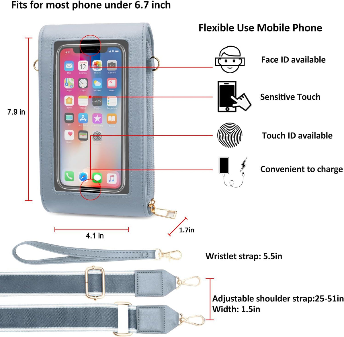 CrossBody Bags with Touchscreen Cell Phone Purse Window Zipper Pocket,RFID Blocking Card Holder iPhone bag for Women