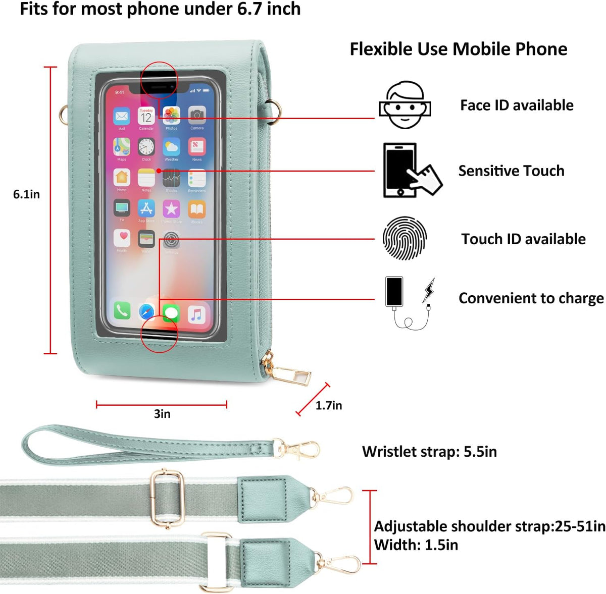 CrossBody Bags with Touchscreen Cell Phone Purse Window Zipper Pocket,RFID Blocking Card Holder iPhone bag for Women