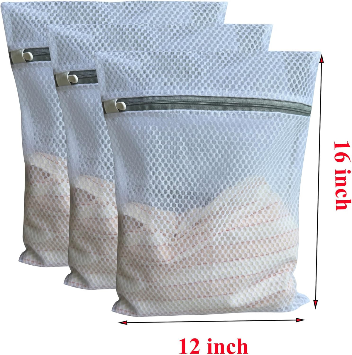 3Pcs Mesh Laundry Bags Durable Zipper Wash Bags for Delicates, Lingerie, Bras, Underwear, Baby Clothes, Shoe, Sock - Protect Garments in Washing Machine Pouch Net Bag Travel 12 x 16 Inches
